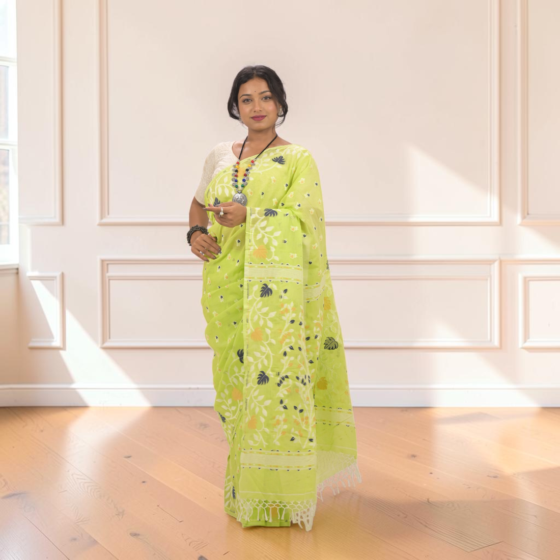 Haritika Bloom Khadi Jamdani Saree - Handcrafted Indian Art (View 5) | Art Angan