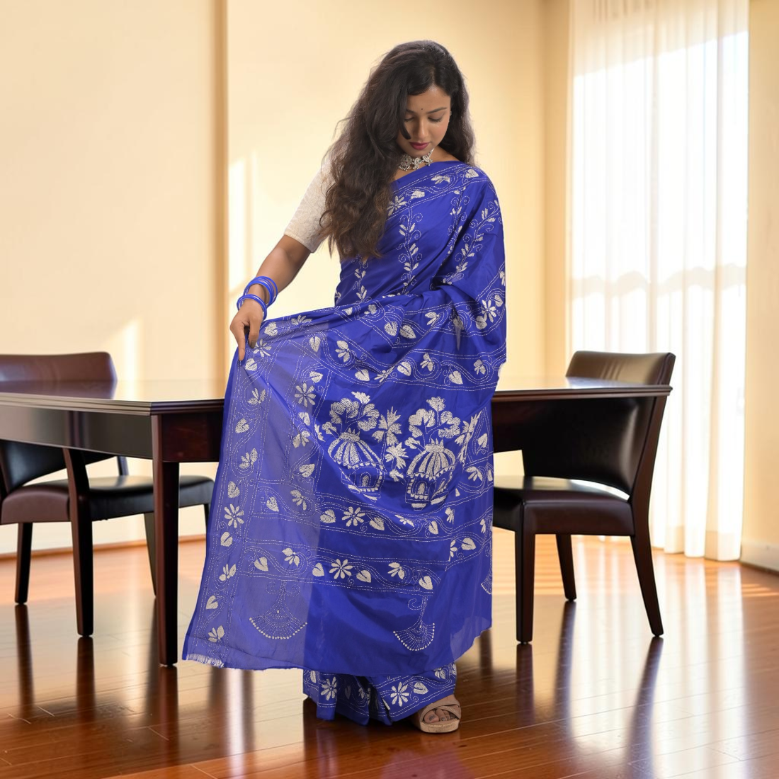 Neelisha Royale Katha Stitch Bangalore Silk Saree - Handcrafted Indian Art (View 5) | Art Angan