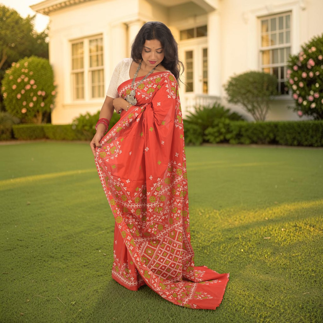 Koralia Gujarati Stitch Bangalore Silk Saree - Handcrafted Indian Art (View 2) | Art Angan