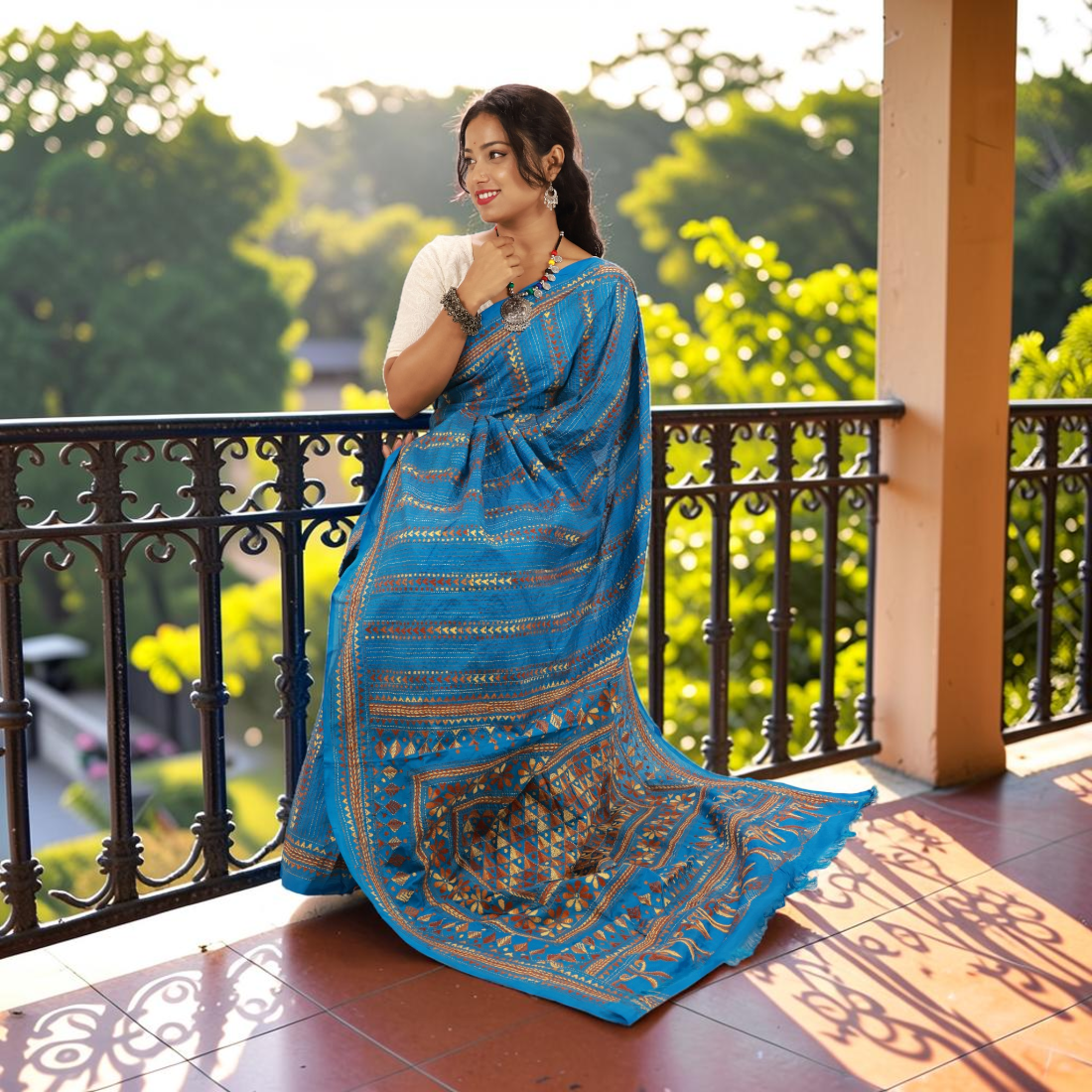 Aakanshi Celeste Kantha Art Silk Saree - Handcrafted Indian Art (View 6) | Art Angan