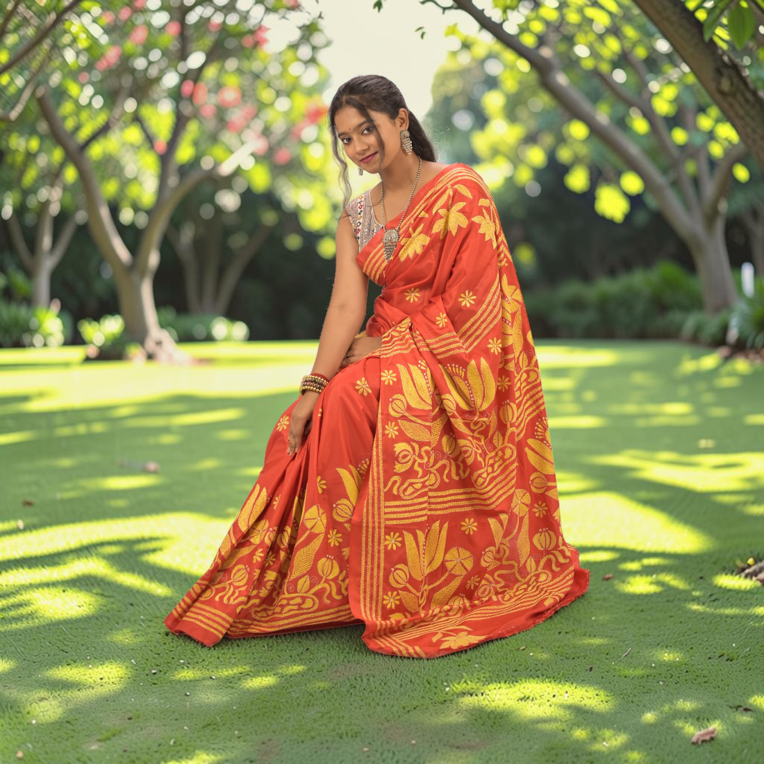 Rudrima Opulence Katha Stitch Bangalore Silk Saree - Handcrafted Indian Art (View 6) | Art Angan
