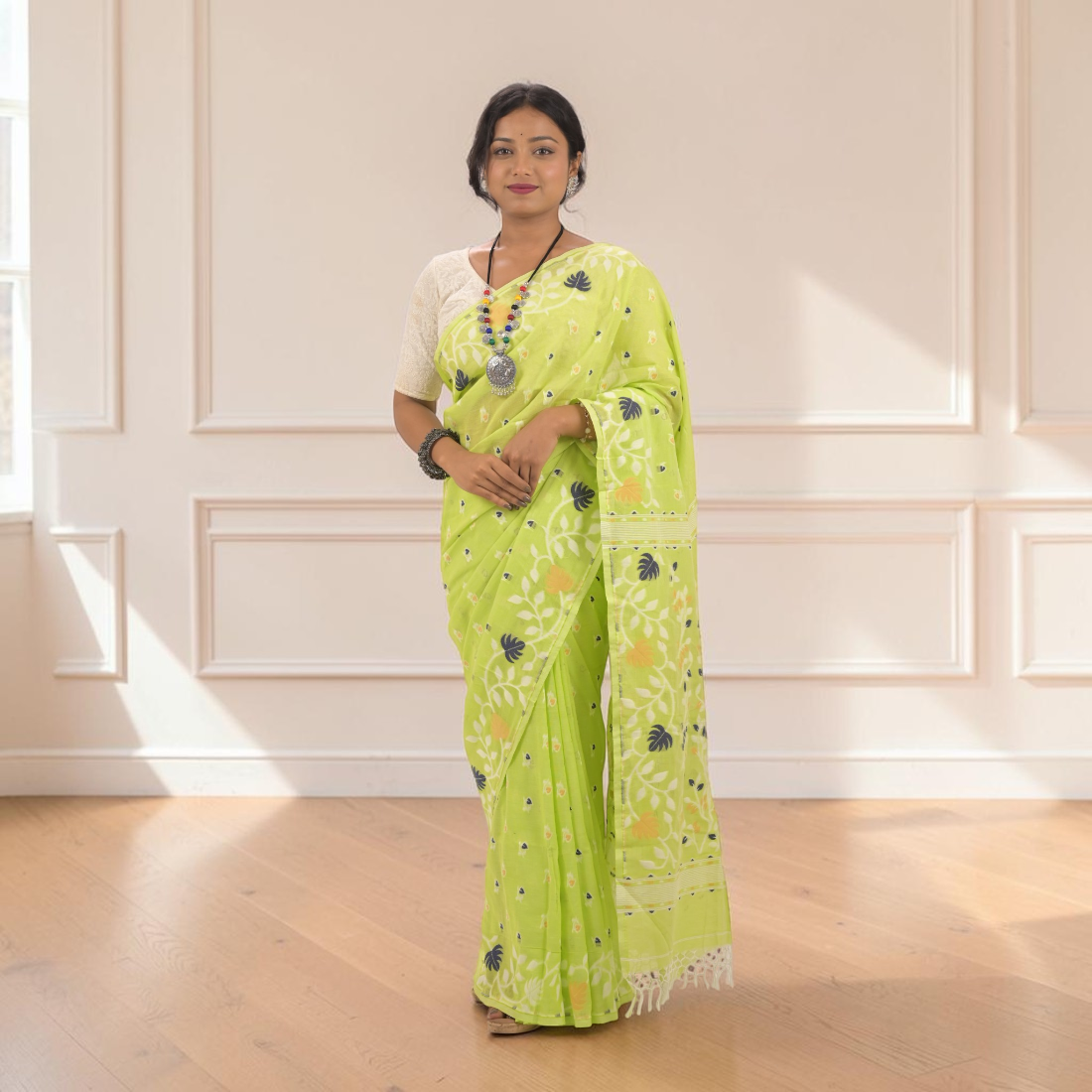 Haritika Bloom Khadi Jamdani Saree - Handcrafted Indian Art (View 2) | Art Angan