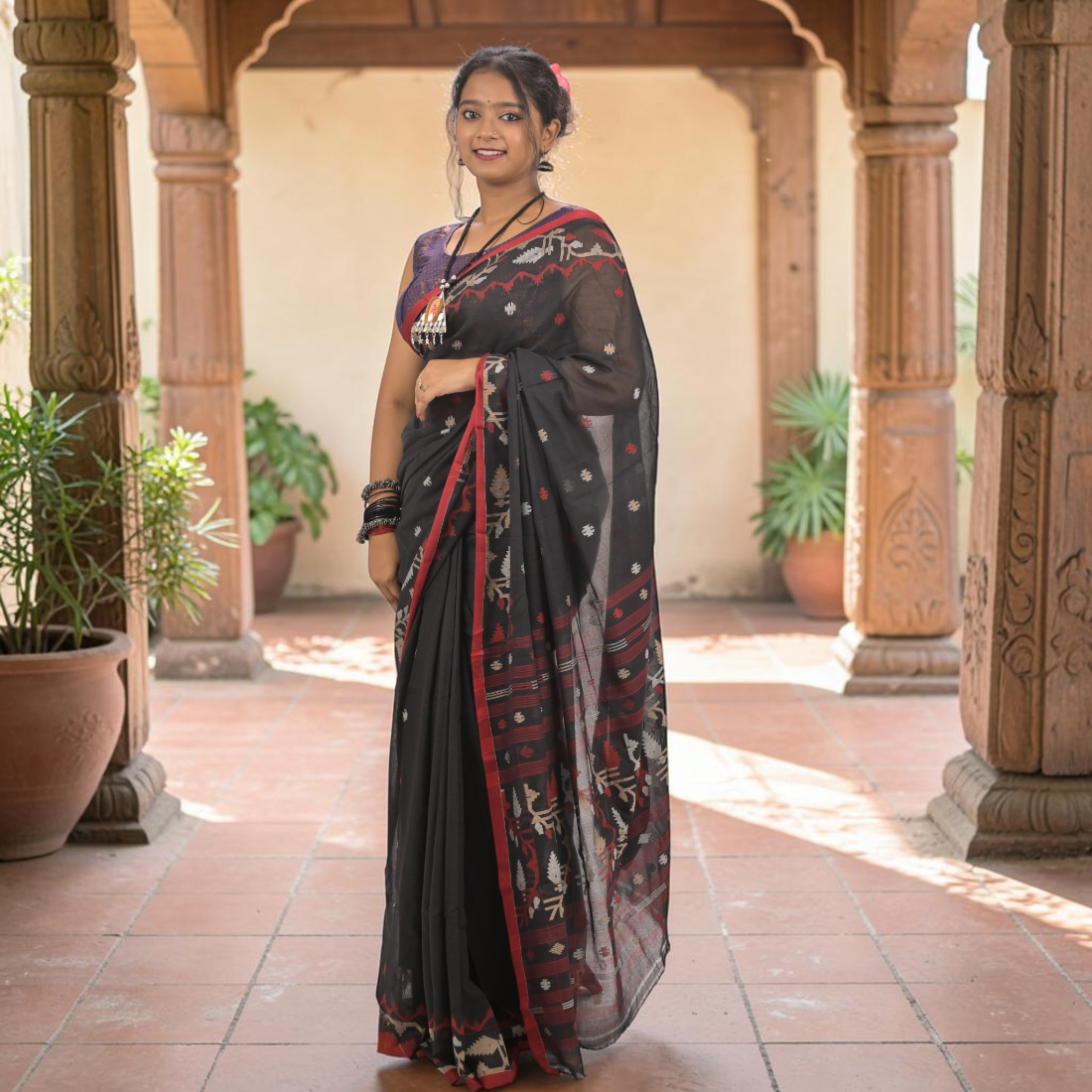 Nishika Noir Soft Jamdani Saree - Authentic Handcrafted Saree | Art Angan