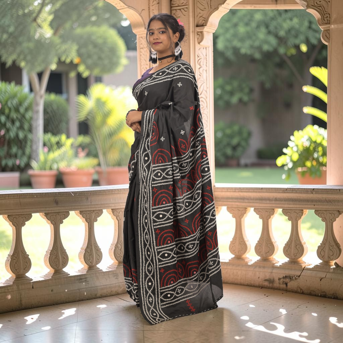 Nishika Royal Gujarati Stitch Bangalore Silk Saree - Handcrafted Indian Art (View 5) | Art Angan